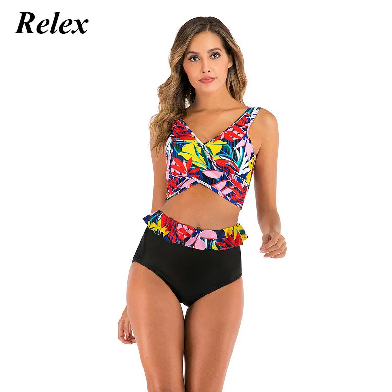 

Women Sexy High Waist Bikini Florial Print Halter Lace Up Swimsuit Female Printed Swimwear Lady Bathing Suit Plus Size Beachwear