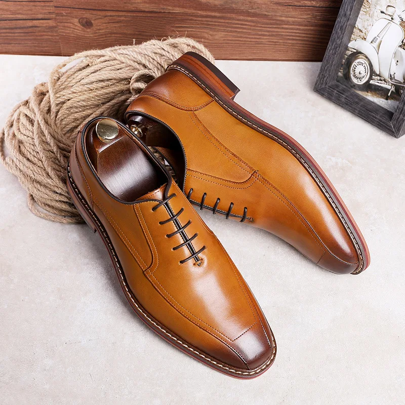 

2021 New Genuine Leather Men's Dress Shoes Handmade Office Business Wedding Blue Black Luxury Lace Up Formal Oxfords Mens Shoes