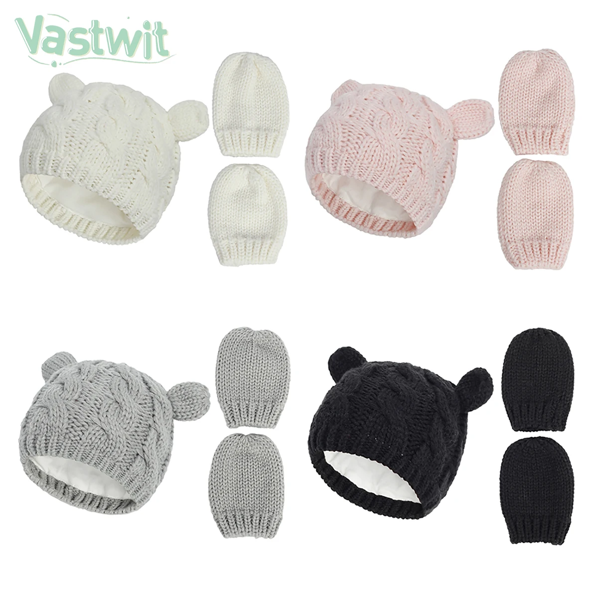 

New Baby Kids Girls Boys Winter Warm Knitted Hat Ears Adorned Solid Warm Cute Glove Mittens 2Pcs Lovely Beanie Cap 0-18M