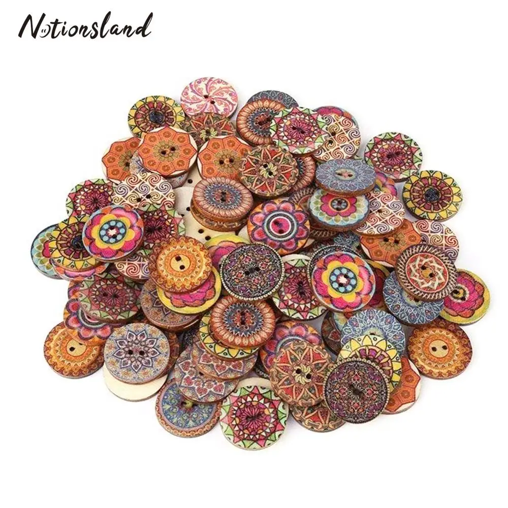 Смешанные декоративные винтажные деревянные пуговицы с двумя отверстиями для