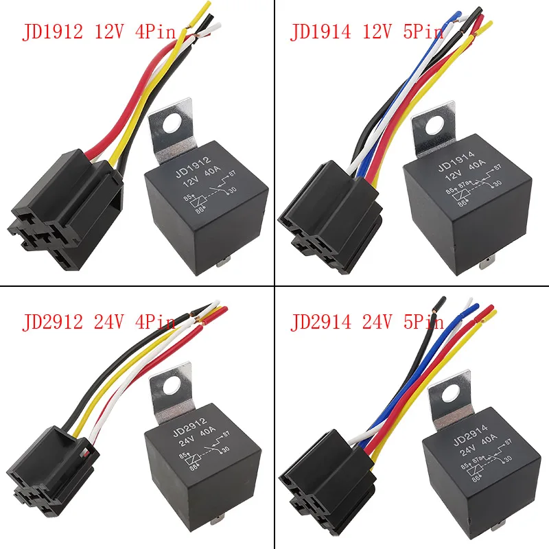 

10Pcs Waterproof Automotive Relay 12/24V 40A Car Relay 4P 4 Wires / 5 Pin 5 Wires Auto Relais Socket JD1912 JD1914 JD2912 JD2914