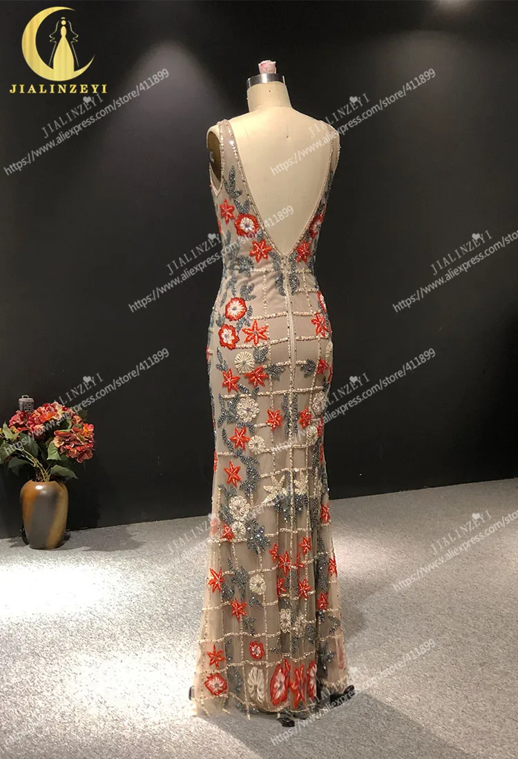 

Rhine Real Deep V Neck Brown With Flowers Sexy V Back Floor Length Mermaid vestidos de fiesta Evening Dress Long