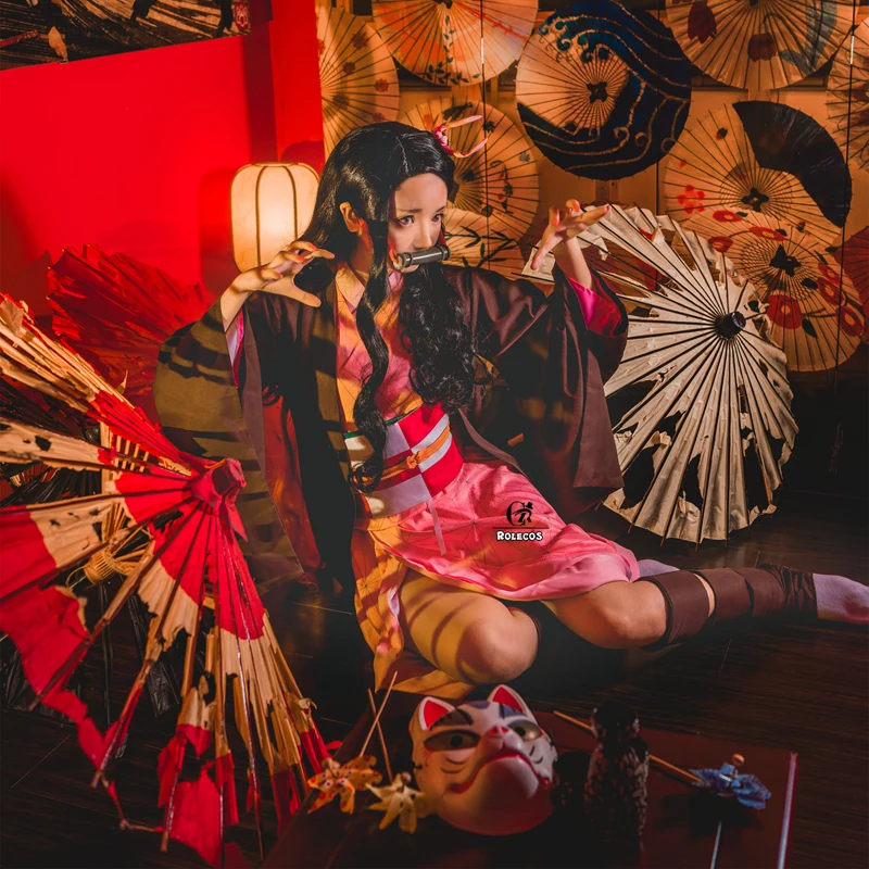ROLECOS Аниме Костюм демон Slayer Косплей Nezuko кимоно Женский Kimetsu no Yaiba женское розовое