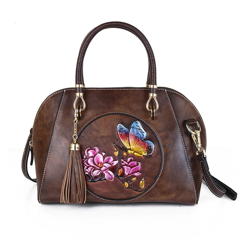 Женская сумка мессенджер из натуральной воловьей кожи через плечо с цветочным