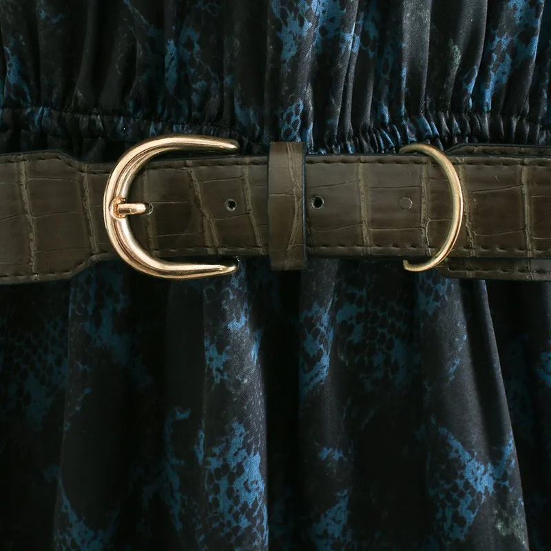 

Alldoke Blue Geometric Sashes Midi Dress Women V-neck Lantern Sleeve A-line Dresses 2021 Summer Vintage Ruffle Long Dress