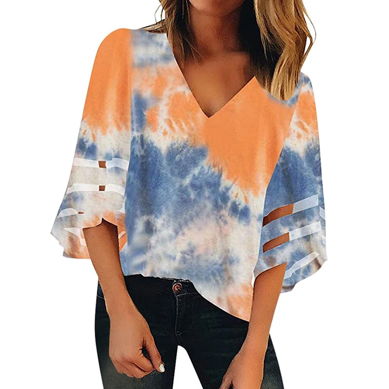 

Летняя пикантная женская блузка с принтом, футболка с принтом, 3/4, Свободный Топ с рукавом-колоколом, как показано, L