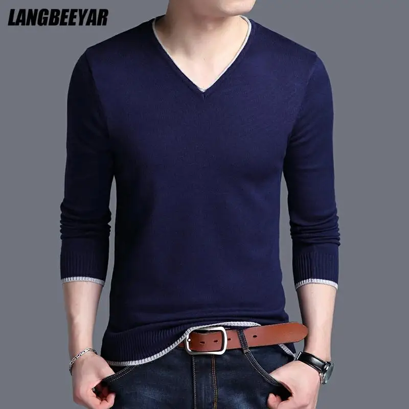 

High Quality New Fashion Brand Knit Pullover Slim Fit Solid Plain Navy Mens V Neck Sweater Thin Woolen Casual Jumper Clothes Men