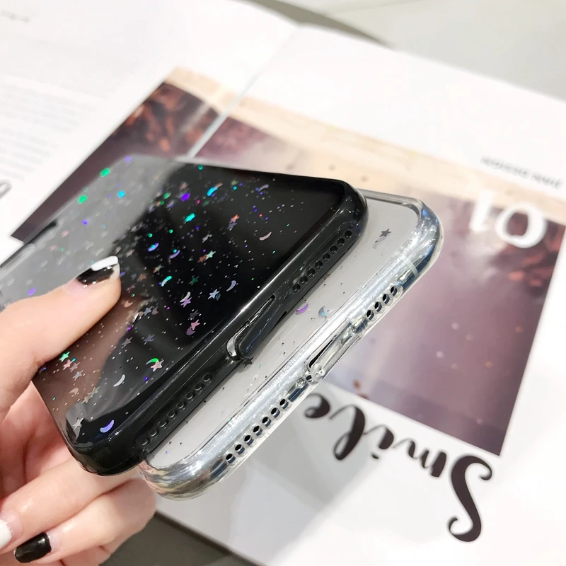 Блестящий гелевый ТПУ чехол для телефона 6, 6 S, 7, 8 plus, чехол с цветными звездами, Луной и сияющими блестками для iphone 11, PR0 X XS Max, XR, мягкий чехол