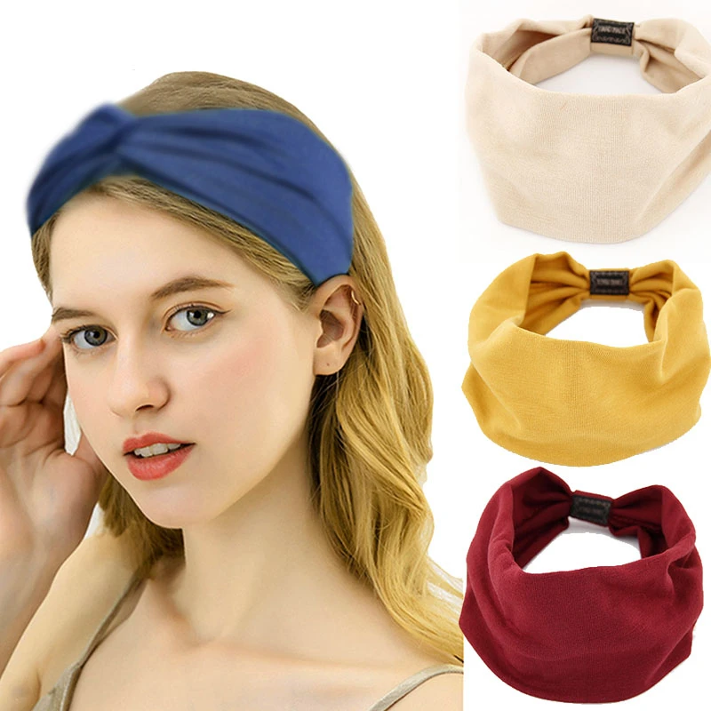 Модная однотонная большая широкая хлопковая повязка на голову для женщин