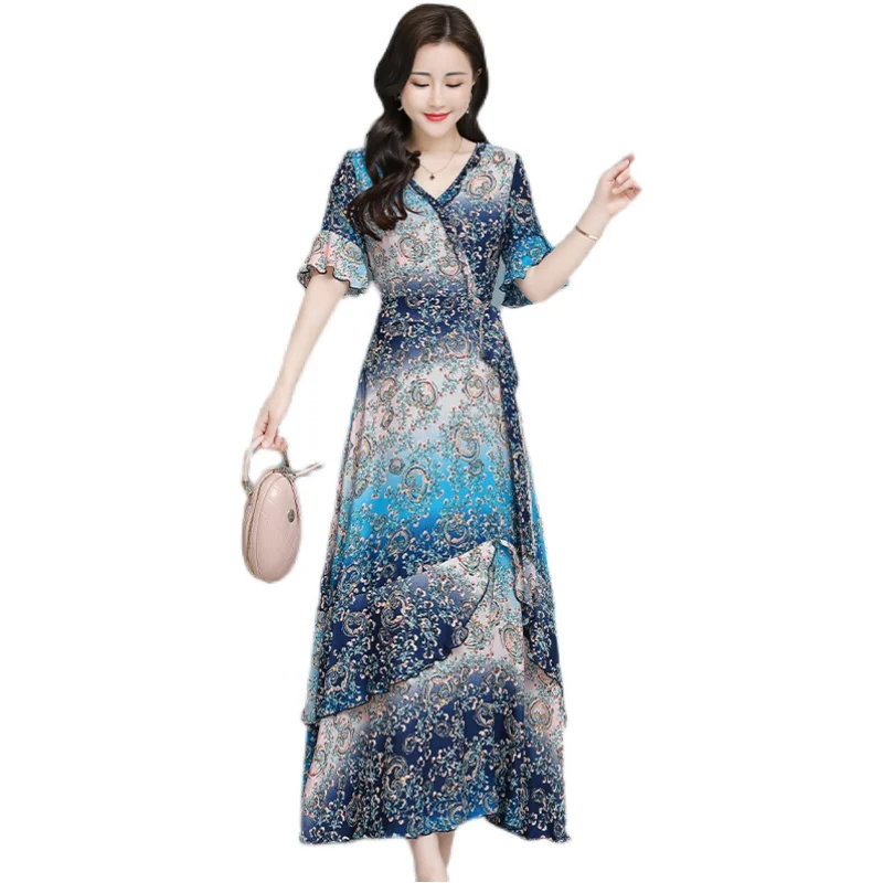 

COIGARSAM 3XL Plus Size Floral Print Women Long dress New Summer Short Sleeve Dresses Red Green Blue 2869