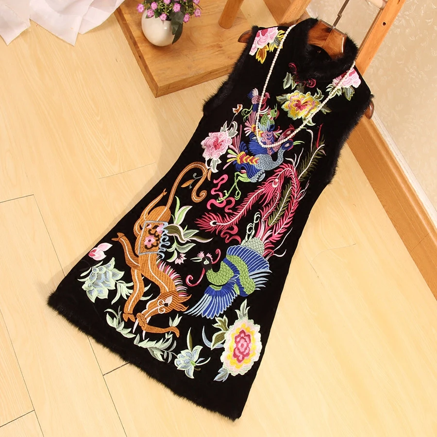 Осень зима Ретро стиль женское платье без рукавов винтажная вышивка дракон