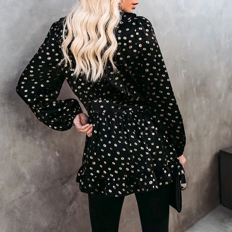 

V Neck Long Sleeve Tops Women Spring Daisy Print Ruffle Cardigan Female Sexy High Waist Party Club Nightclub Pullover Tops