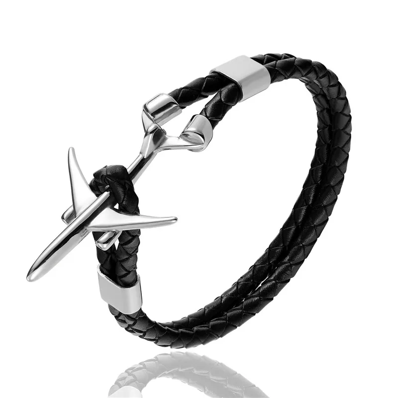 Silver Black MKENDN Hot Sale Stainless Steel Airplane Anchor Bracelets Men Women Genuine Multilayer Leather Bracelet Freestyle Homme Jewelry - Окраска металла: Silver Black