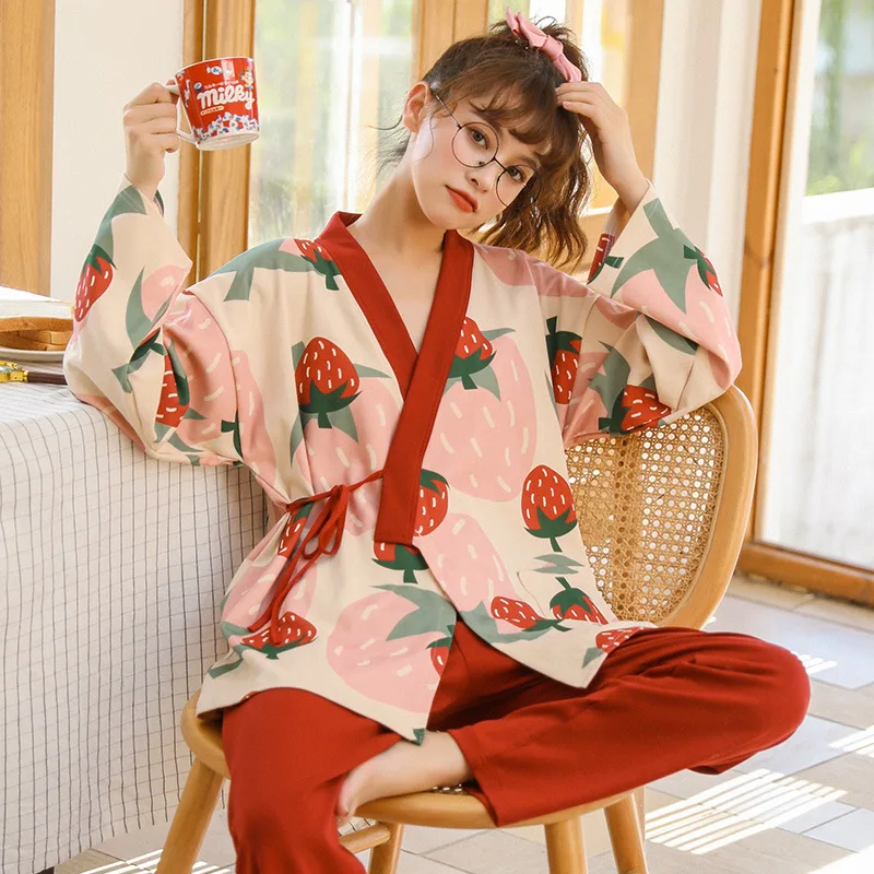 

Spring Summer Women's Pyjamas Set Strawberry Sleepwear Pure Cotton Yarn Kimono Ladies Pajamas V-Neck Plus Size Size Pijama XXXL
