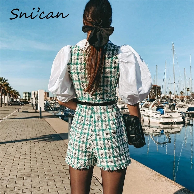 Snican Patchwork Tweed Plaid Jumpsuit With Belt Pockets Fashion Turn Down Collar Harf Sleeve Playsuit Za 2020 Women Casual Mono