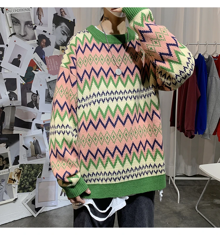 Sweater Men's Warm Fashion Contrast Color Casual Retro O-neck Knit Pullover Men Loose Knitting Sweaters Male Sweter Clothes
