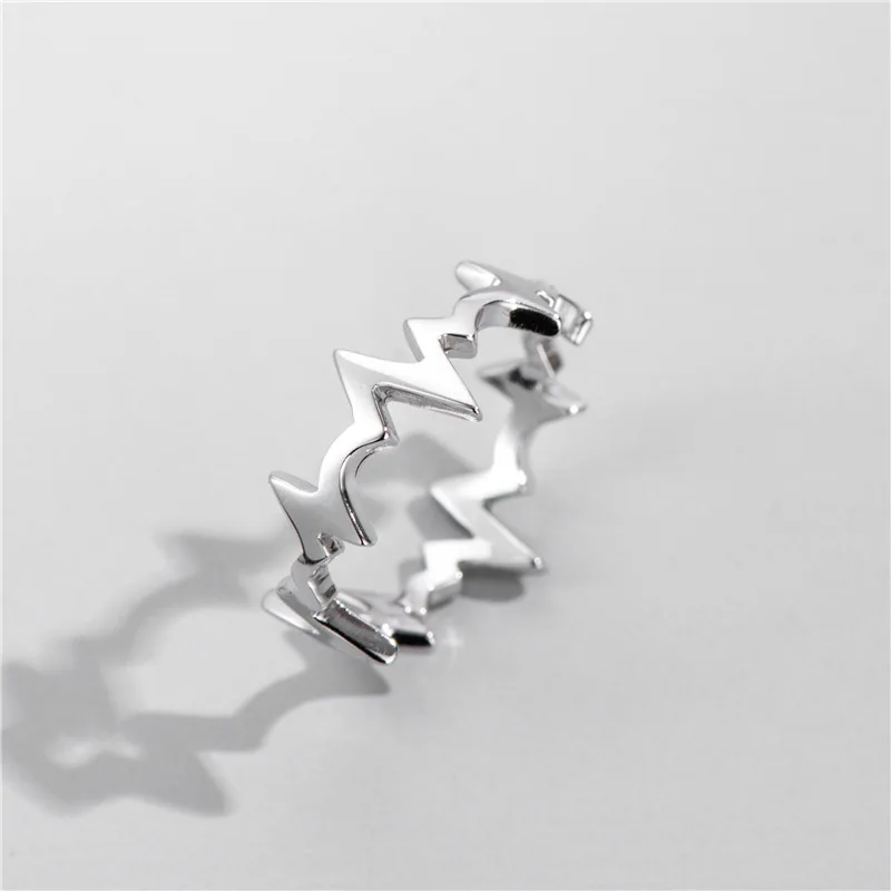 

S925 Silver Korean Style Fashion ECG Shape Ring Female Personality Glossy and Simple Open Ring for Women Men Jewelry Gifts