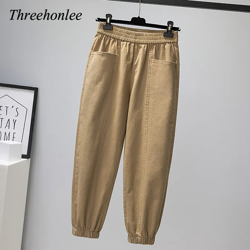 Women Korean Casual Pants Fashion Cargo High Waist Casual Loose Big Pockets Breeches Ankle-Length Trousers