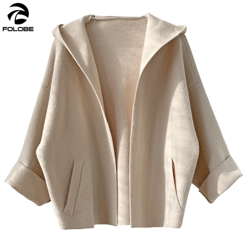 

FOLOBE Autumn Winter Korean Hooded sweater Women knitted cardigan jacket Solid Open Stitch Loose Cashmere coat Female tops