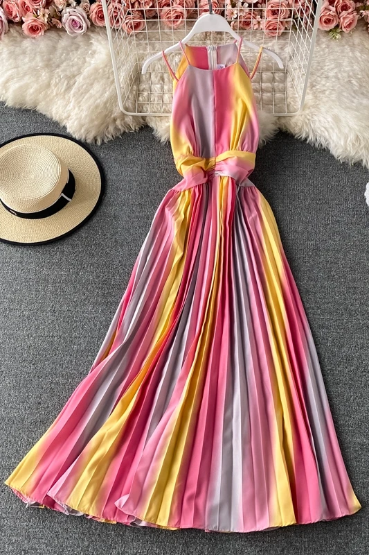 

2021 New Sleeveless Gradient Rainbow Color dress women Halter Neck Sling Pleated Dress Design Fashionable Waist Swing Dresses