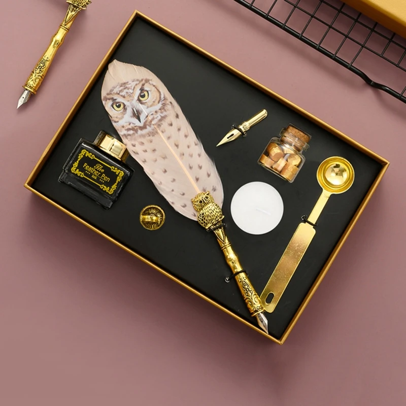 

Retro Calligraphy Quill Owl Feather Dip Pen with Nib Wax Seal Stamp Gift Box Stationery School Supplies M5TB