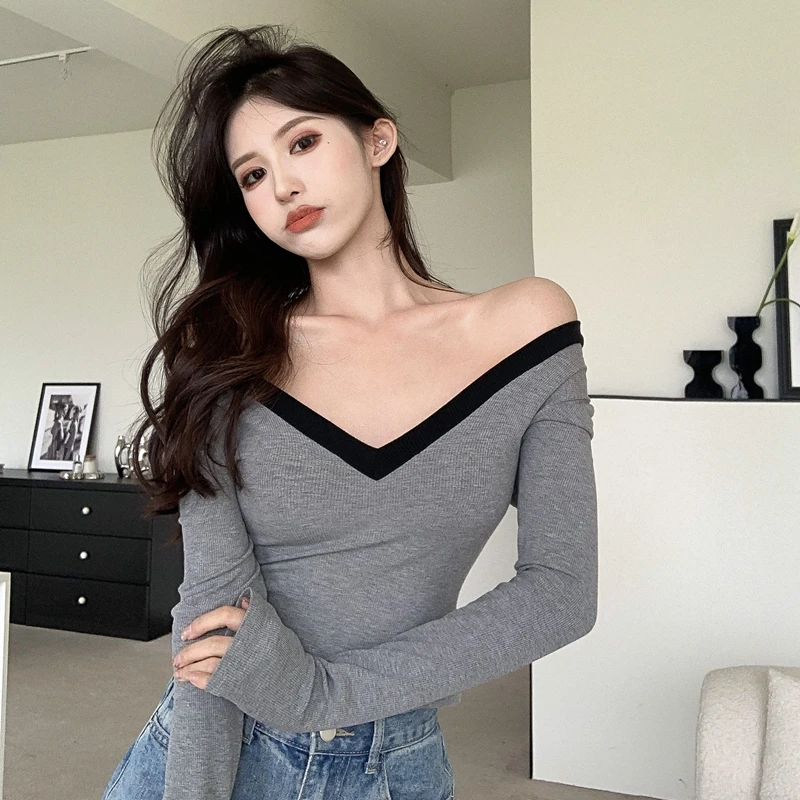 

Autumn Winter Long Sleeve Woman T Shirts Fashion Patchwork Color Short Crop Tops Slim Skinny Thick Tees YOU1507
