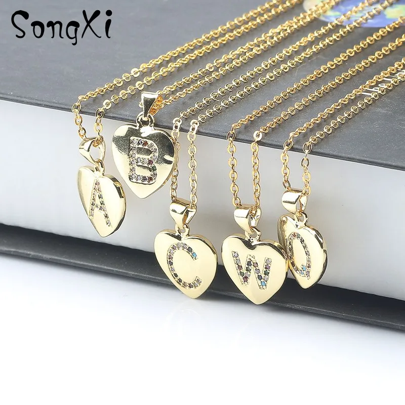 Women Girls Initial Letter Heart Shape Necklace Gold Color 26 Letters Necklaces Pendants Copper CZ Alphabet Jewelry | Украшения и