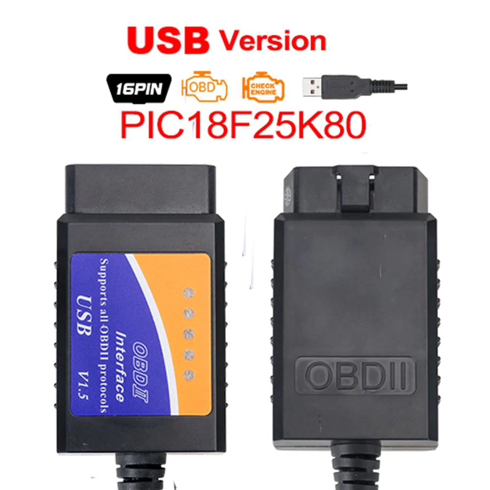 ELM327 USB V1.5 OBDII сканер с чипом PIC18F25K80 автомобильный считыватель кодов ELM 327 OBD2 J1850