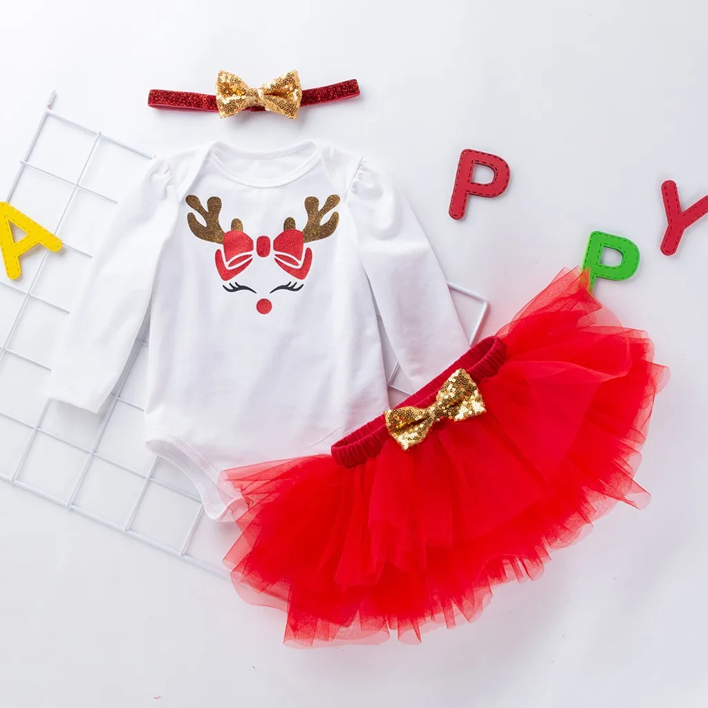Рождественский комплект одежды для маленьких девочек боди с принтом оленя юбка