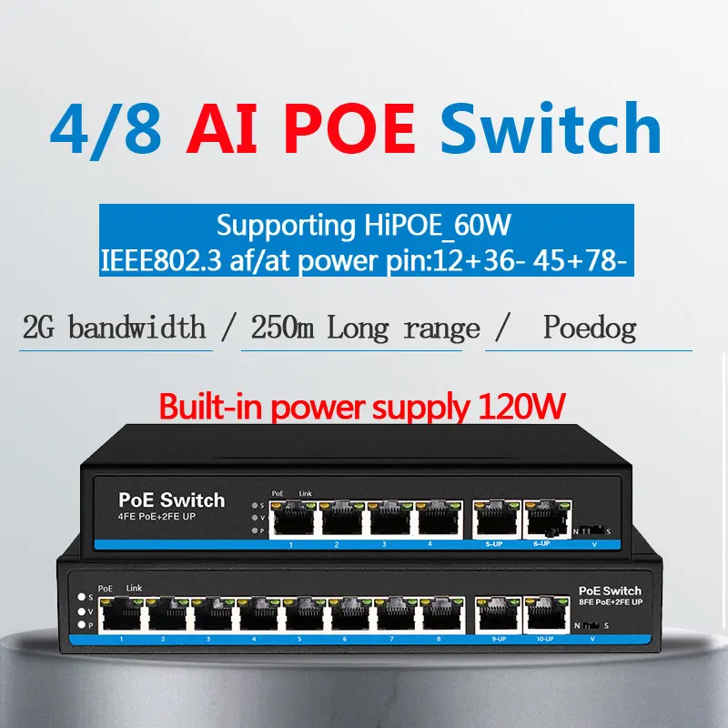Ai коммутатор PoE dog первый порт с 60 ВАТТ 4 порта 8 портов Ethernet Поддержка VLAN 250M для ip
