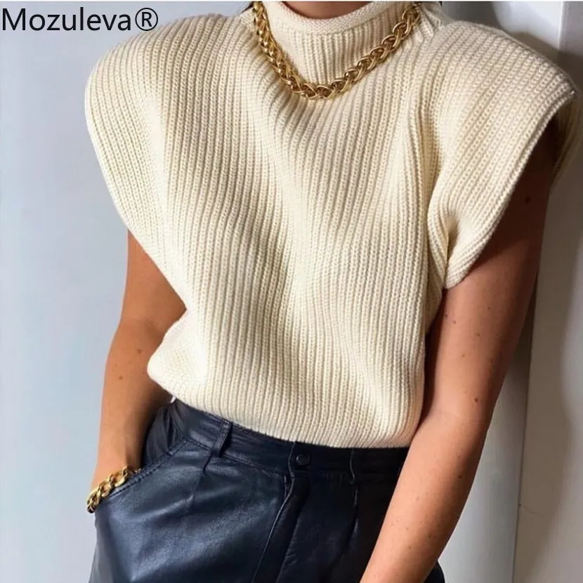 Mozuleva 2021 Autumn Winter Women's Dress Solid Color Sleeveless High Collar Casual Shoulder Top Sweater Turtleneck | Женская одежда