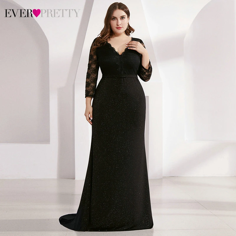 

Plus Size Lace Prom Dresses Ever Pretty Deep V-Neck 3/4 Sleeve Sweep Train Hollow Out Elegant Mermaid Party Gowns Gala Jurken