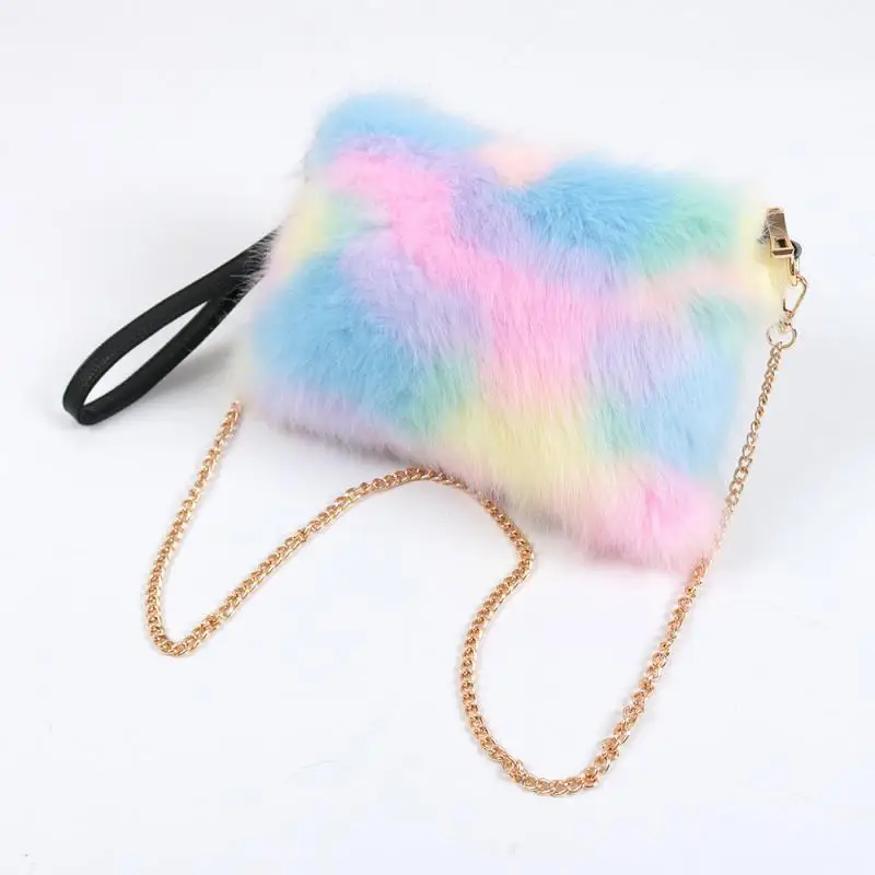 Пушистая сумка Swonco женские сумки через плечо с металлической цепочкой радужного