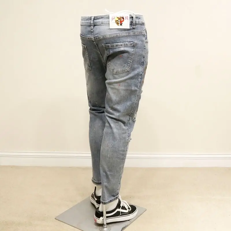 

2021 New Fashion Hole Design Slim Vintage Pencil Pants Mens Korean Style Pockets Letter Fashion Casual Ankle Length Jeans