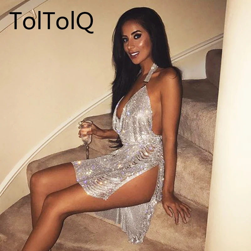 Женское платье для ночного клуба соблазнительное на бретельках с блестками