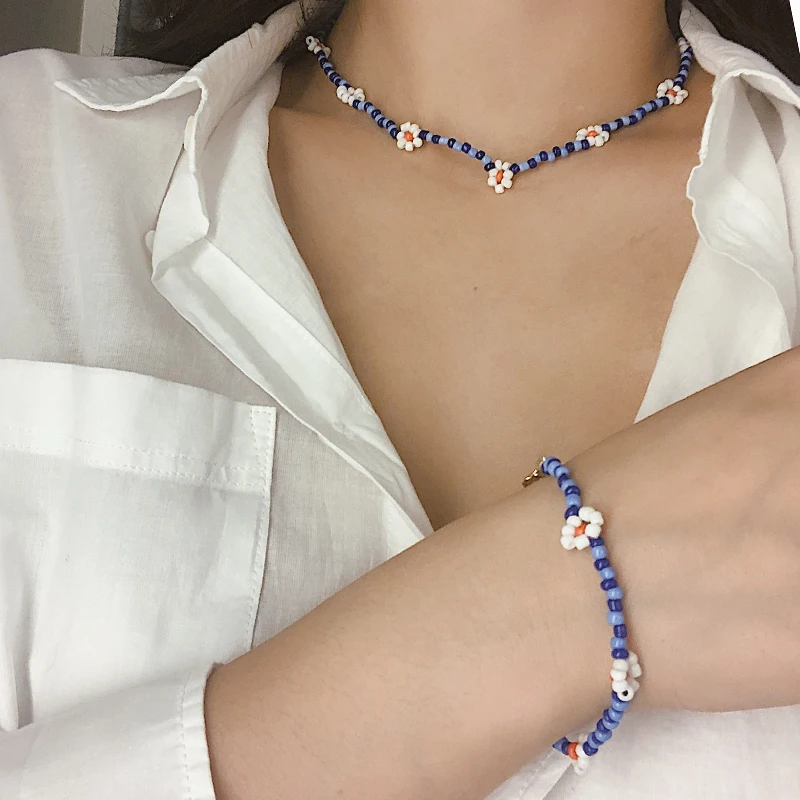 

2021 Trendy Colored Beaded Floret Necklace Pearl Necklace Choker Necklace for Women Accessories Fashion Jewellery