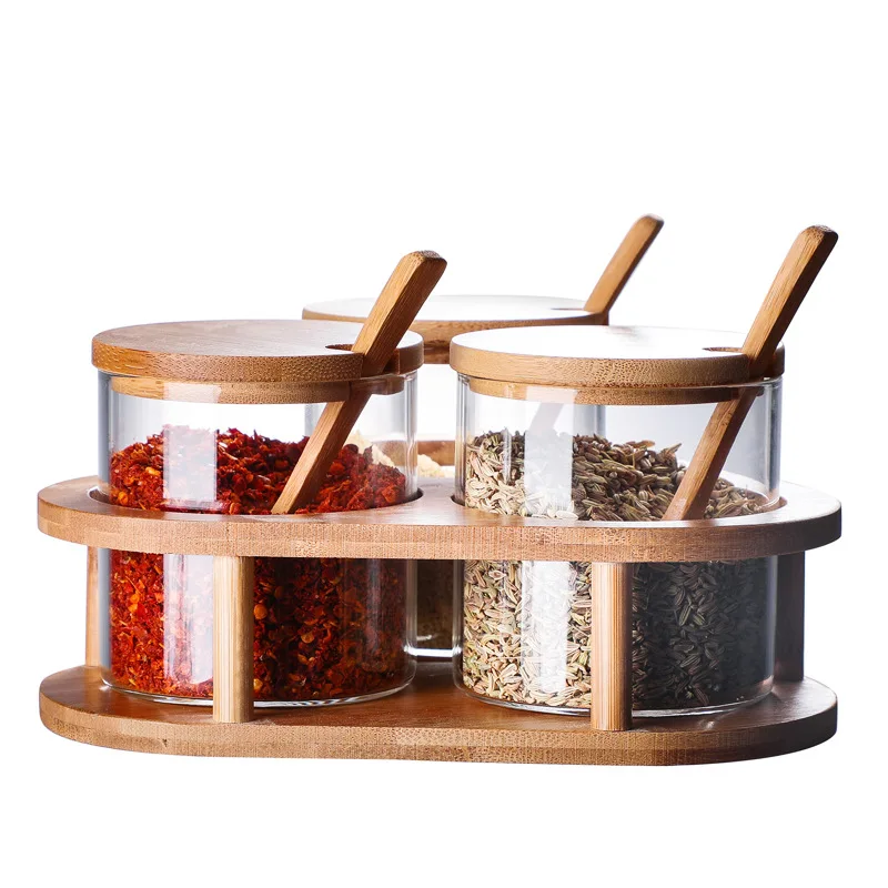 

wholesale glass seasoning jar glass bottle set with bamboo spoon bamboo cover kitchen supplies Container Kitchen Jars
