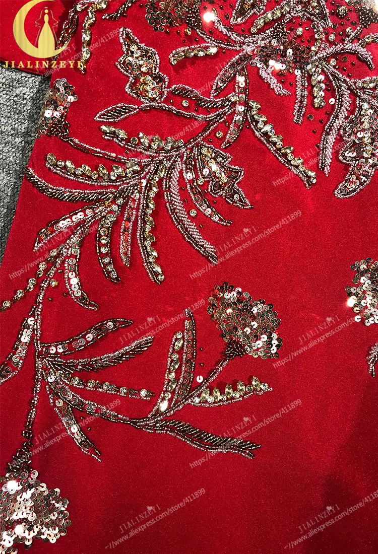 Rhine real Pictures Red Two Peices Satin Gold Beads Mermaid Floor Lengyth Dress Of Mother Arabic Evening Dresses Long