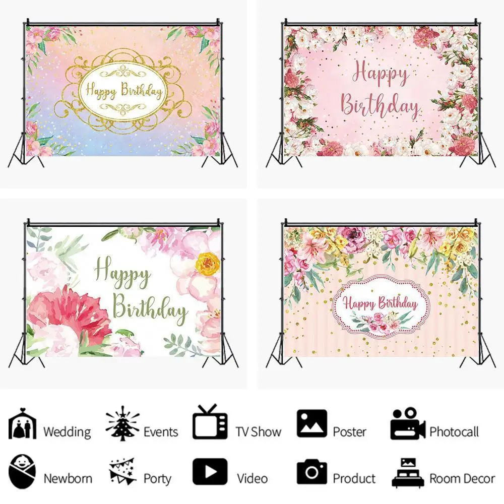 

Beautiful Flowers Happy Birthday Pink Backdrop Girl Party Room Decoration Photography Studio Photo Kids Custom Vinyl Background