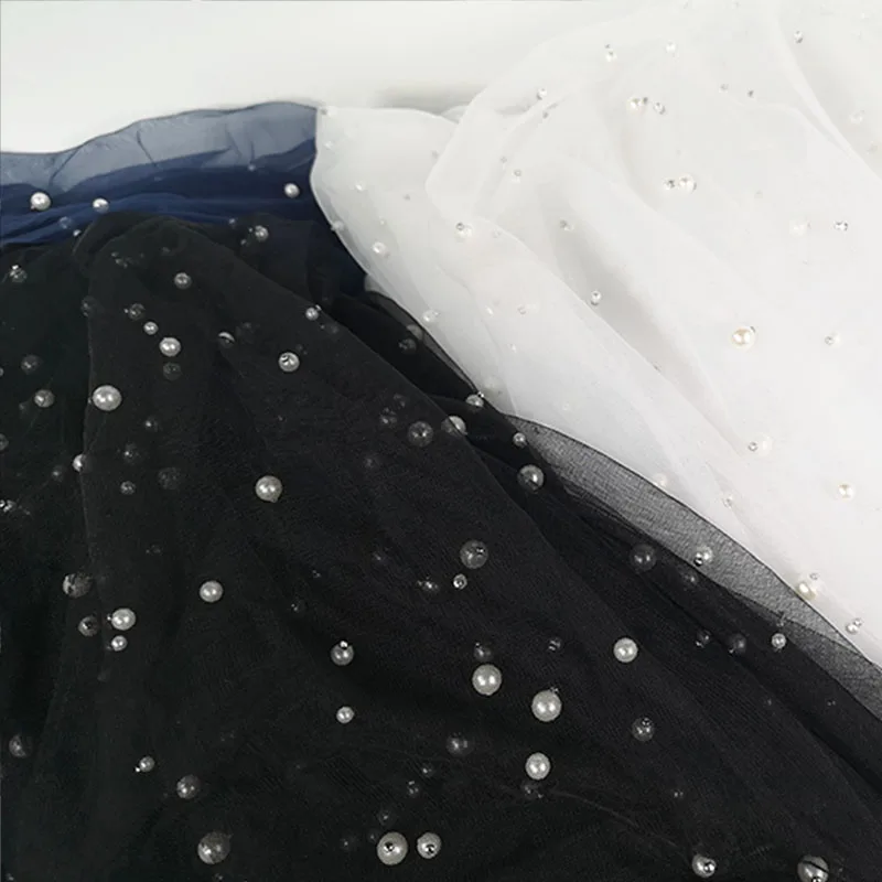 

white Blue Black,Soft Mesh Fabrics,Beaded pearl lace fabric by the meter for Wedding Dress Party Dress,Bridal Dress by the meter