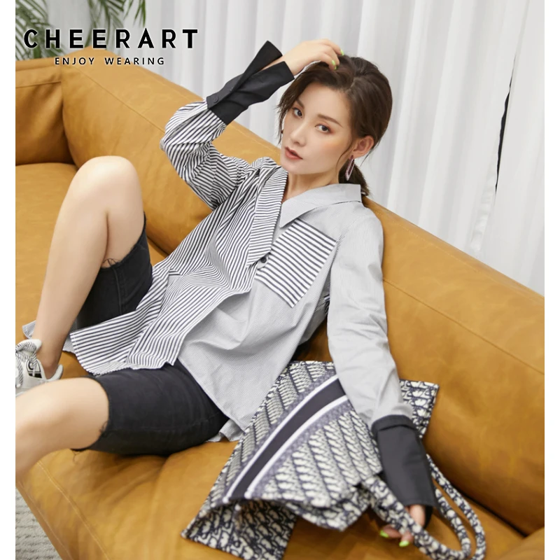 Женская Асимметричная рубашка в полоску CHEERART модная на пуговицах с воротником