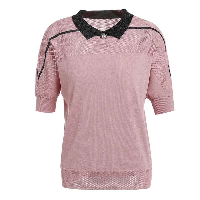 

Gowani Summer Clothes Women Pink Turn-down Collar Pearl Button Knitted Sweater Short Sleeve Top Pullovers Knit Polo Shirt