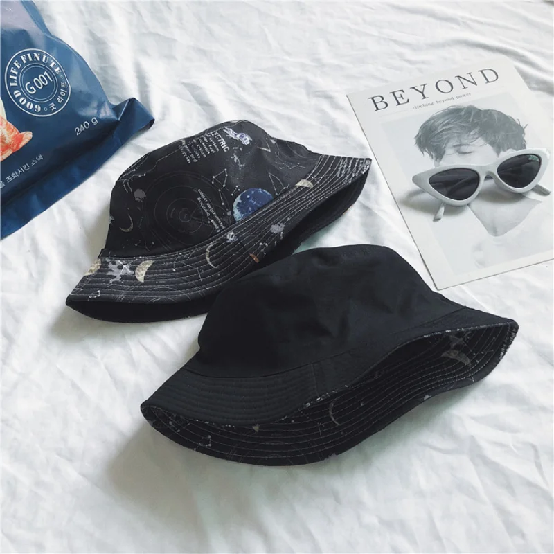 

2021 Summer Unisex Harajuku Style Double Sided Wearable Starry Sky Bucket Hats for Women Outdoor Seaside Beach Street Caps Men