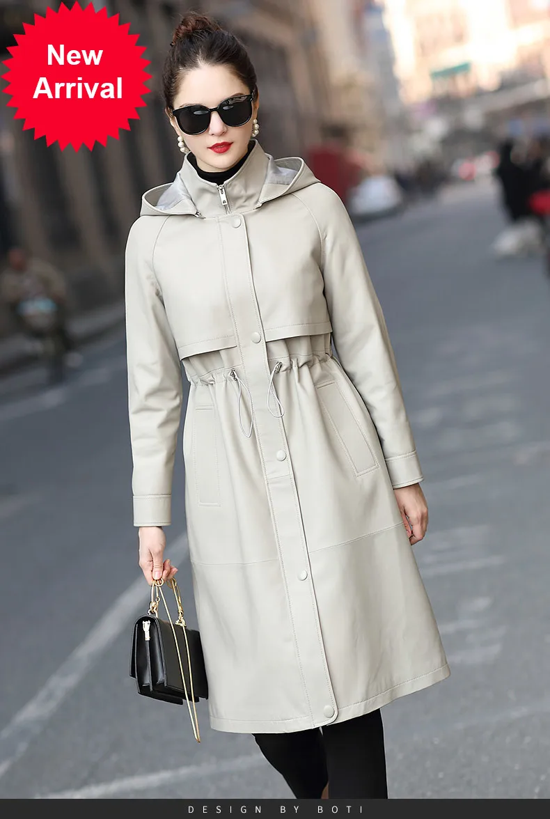 

2020 Spring Autumn New genuine leather coat women's windbreaker hooded slim waist-closed sheepskin coat