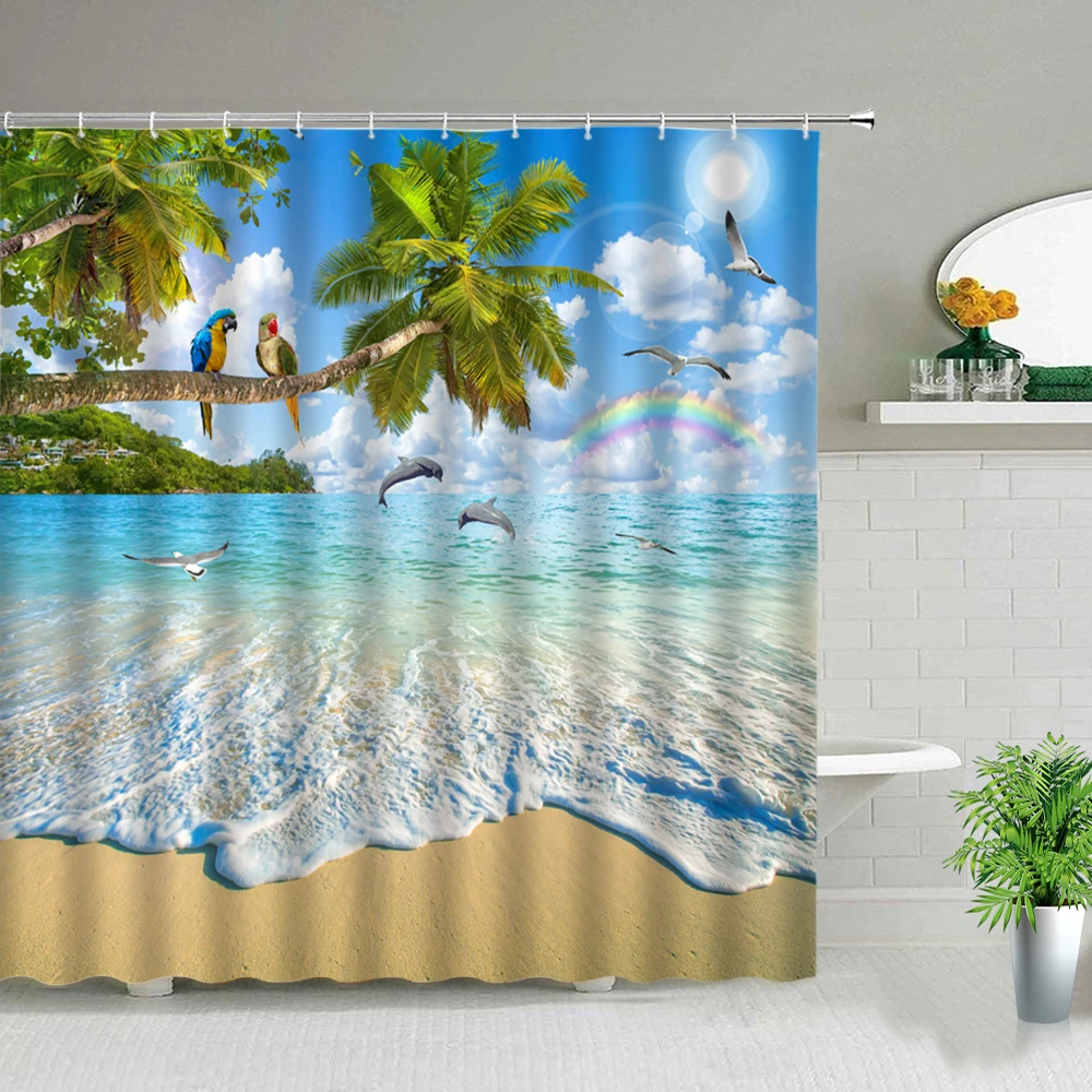 

Ocean Animal Beach Rainbow Parrot Dolphin Palm Tree Sea Scenery Shower Curtain Bath Screen Waterproof Fabric Bathroom Curtains