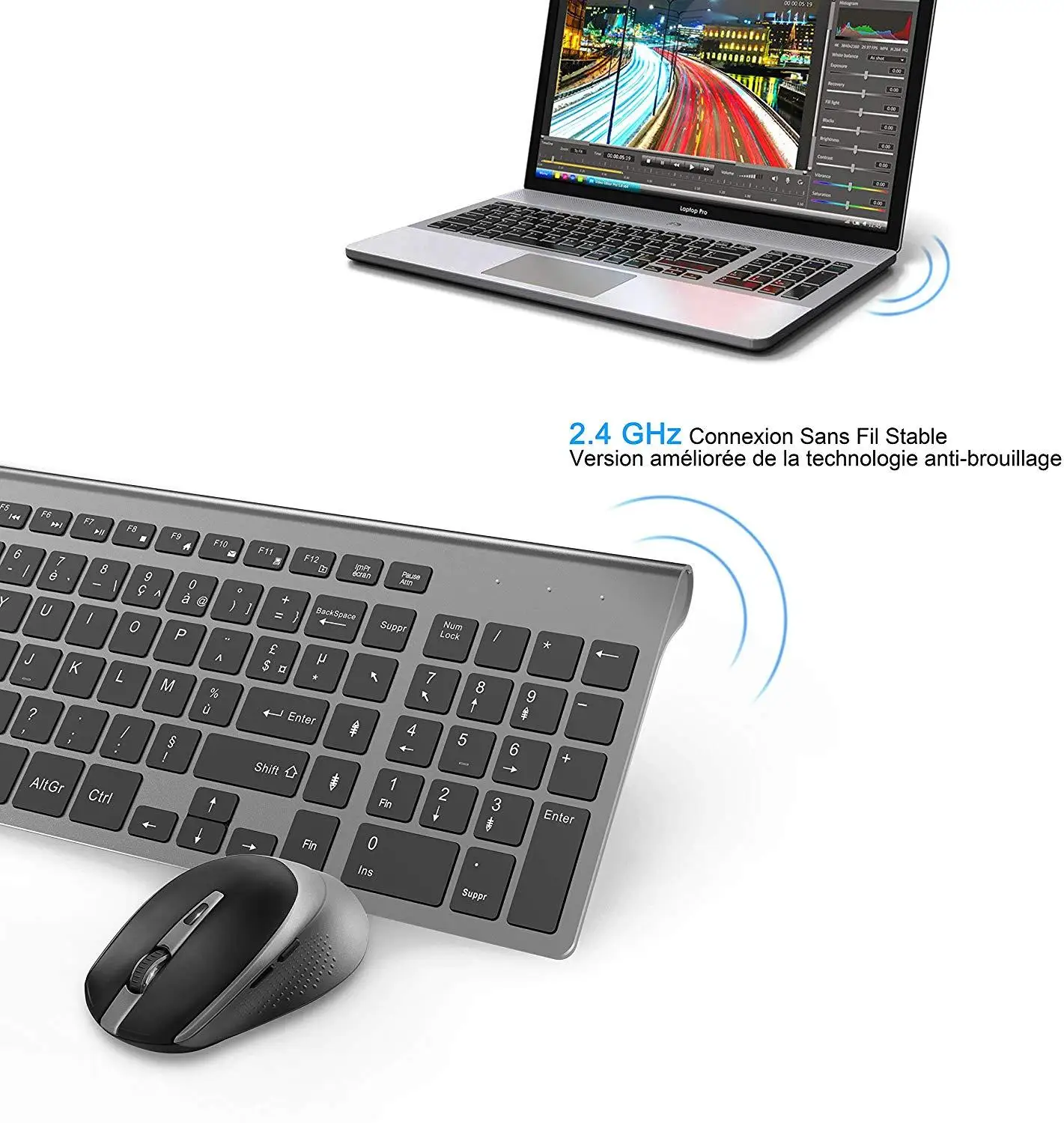 Wireless keyboard  mouse, French layout, ergonomic, quiet portable, 2.4 gigahertz stable connection, office, home, France black