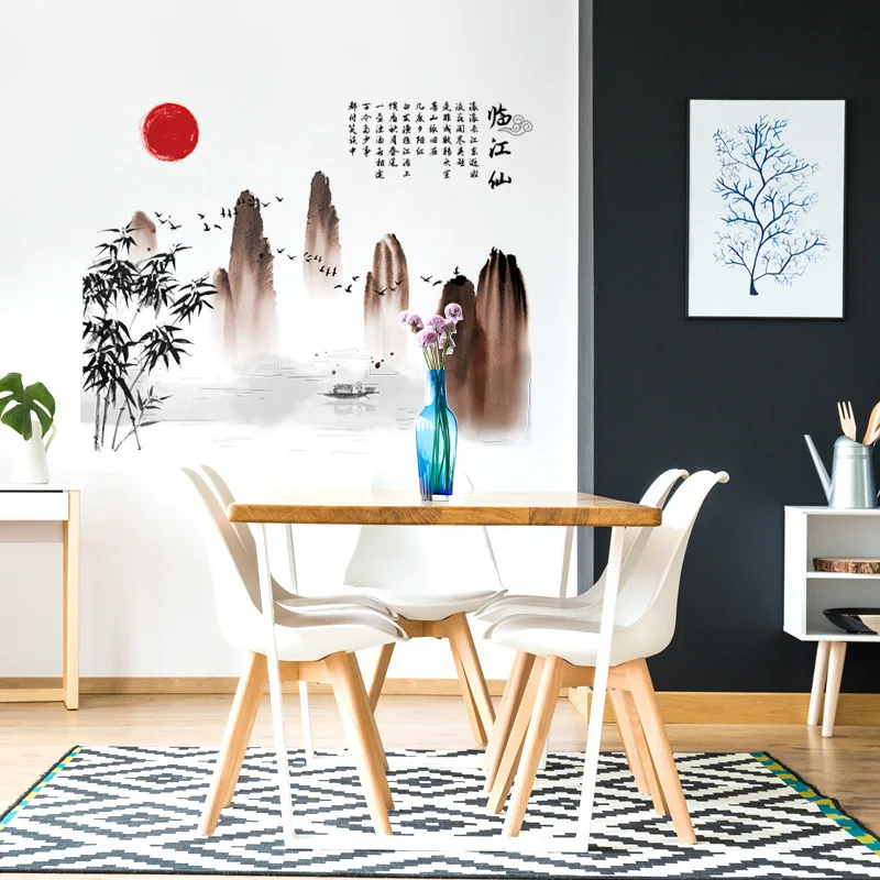 Наклейки на стену Пейзаж горный реки живописи тушью каллиграфия плакат Wall Art Для