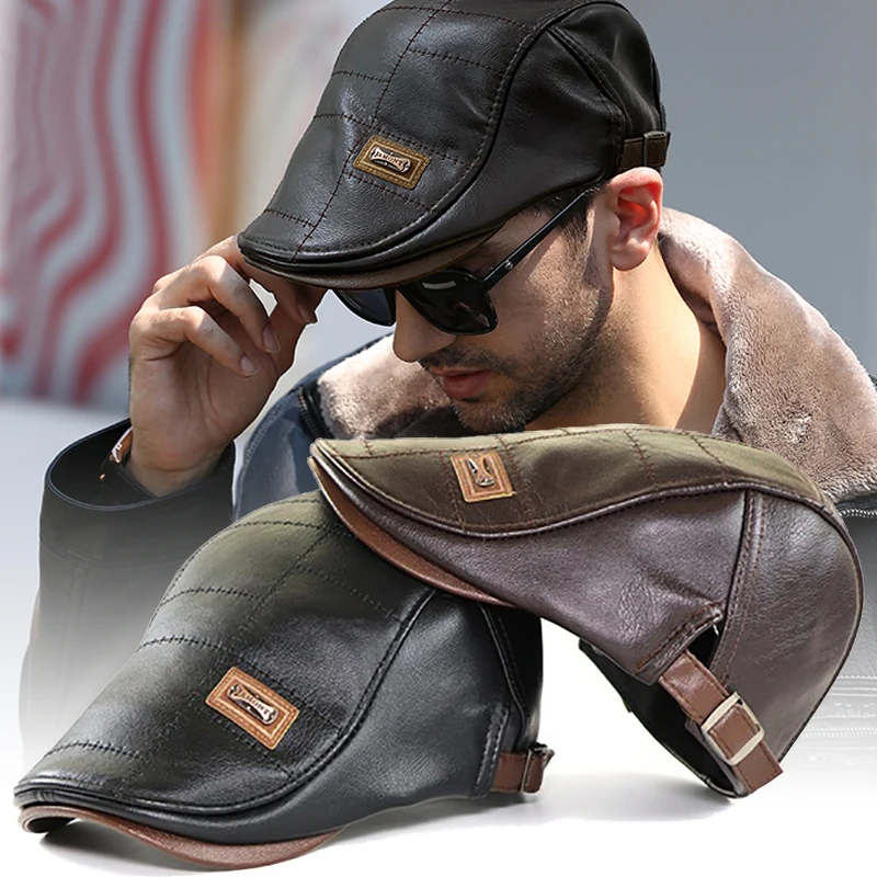 

Top PU Leather Newsboy Hats Men Cap Plain Duckbill Visor Hat Autumn Winter Warm Flat Forward Caps Beret Gatsby Hats Berets