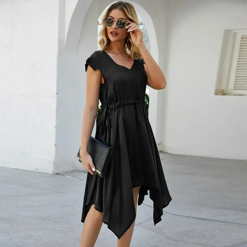 

Summer Irregular V-neck Dress Women Solid Color Elastic Waist Dress 2020 Elegant Office Dresses Female Vestidos Plus Size
