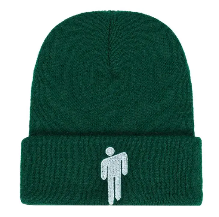 Dark green Billie Eilish Beanie for Women Men Unisex Knitted Billie Eilish Hat Embroidery Cartoon Autumn Winter Hip Hop Skullies Cap - Цвет: Dark green